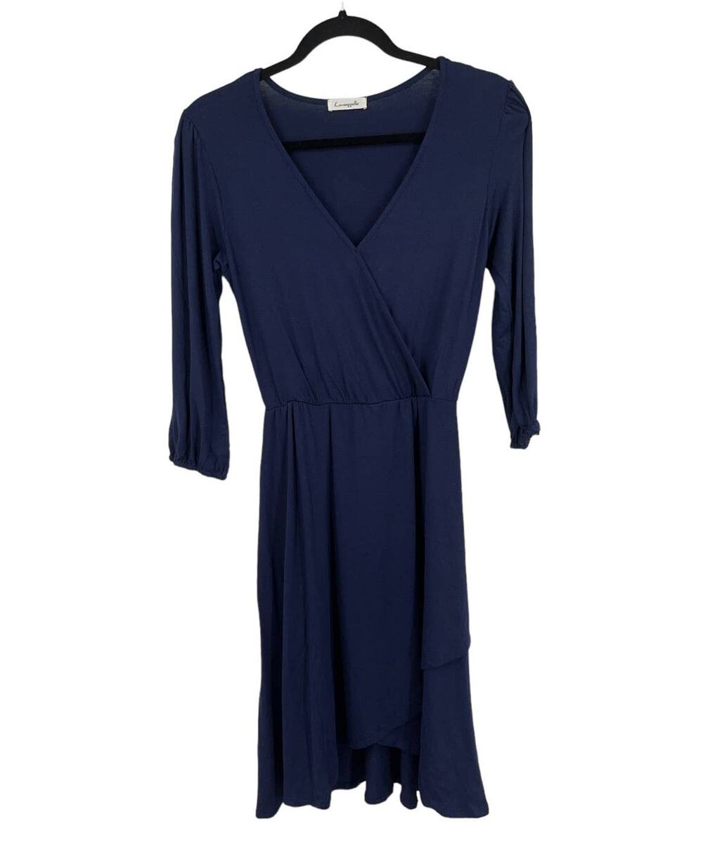 Loveappella dress solid 3/4 sleeve faux wrap blue X-Small XS